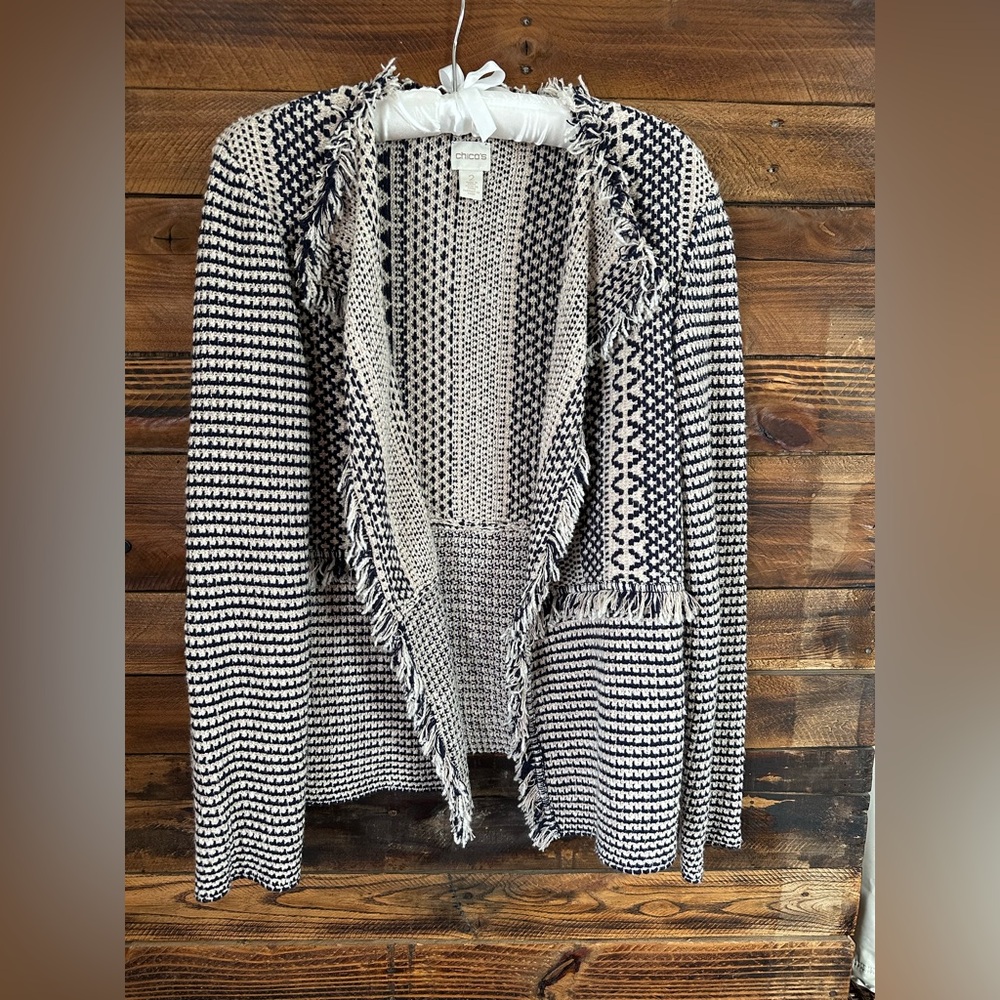 Chico’s Size 2 Open Front Knit Cardigan Fringe Navy Cream Women’s Large